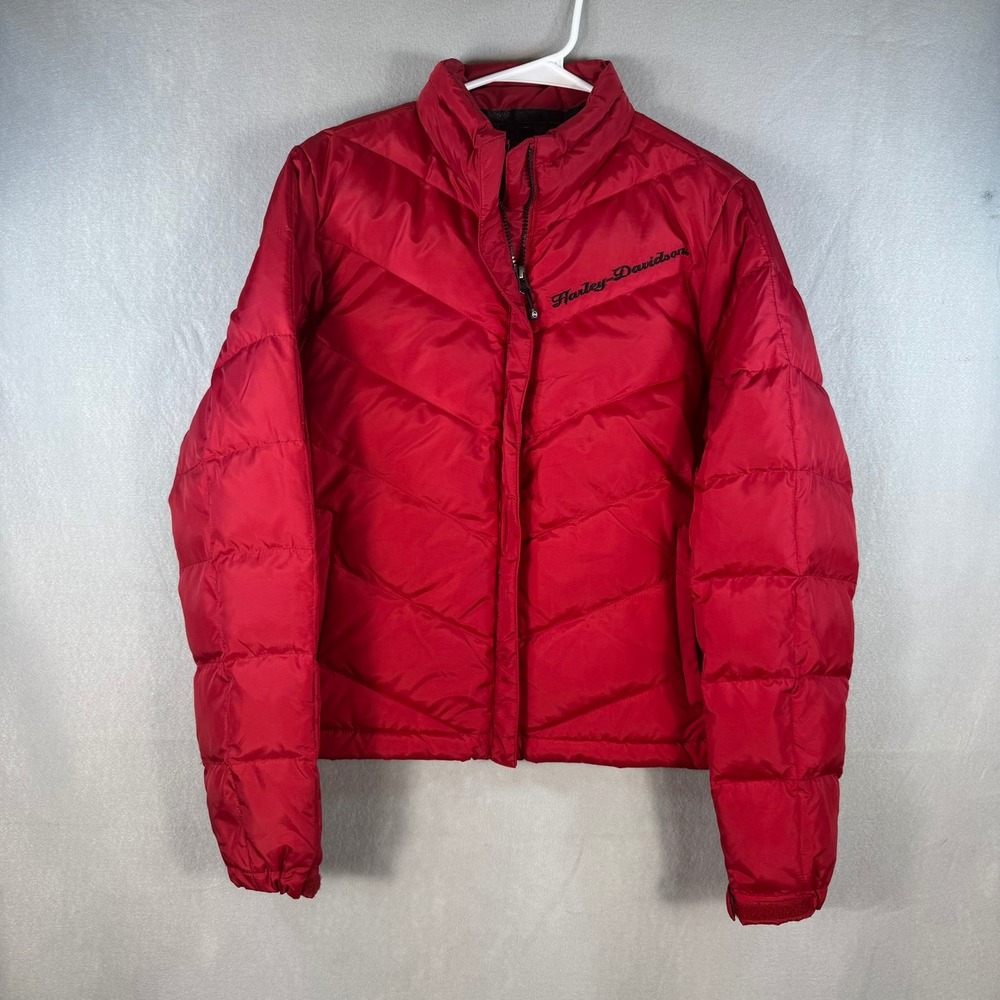 Harley-Davidson Womens Red Down Puffer Jacket Quilted Embroidered Logo Medium